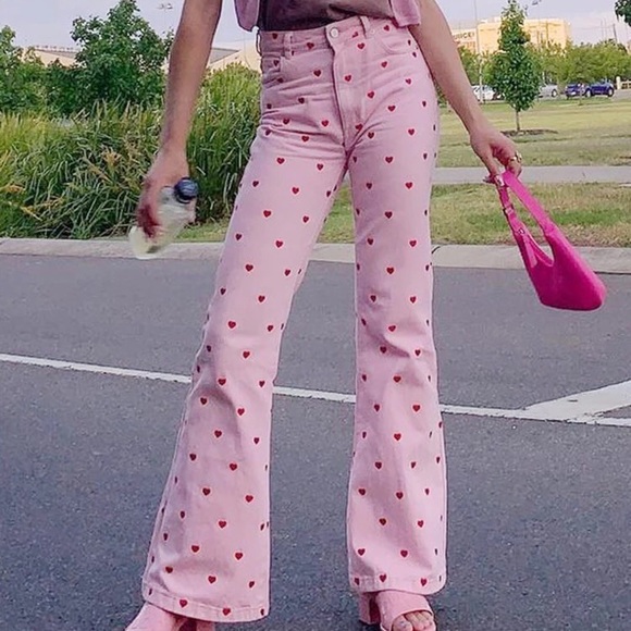 Heart pants bottoms trouser pink hearts flared womenâs - Picture 2 of 10